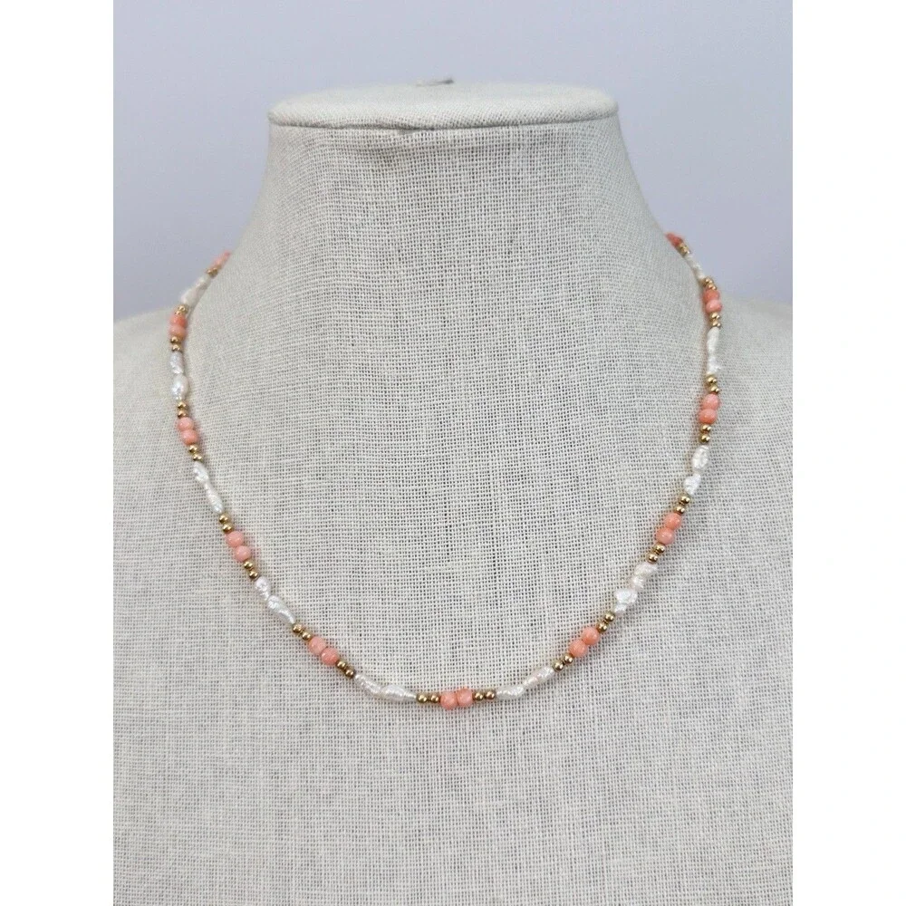 Vtg 14K Yellow Gold Angel Skin Coral Freshwater Pearl Necklace 19” Quiet Luxury